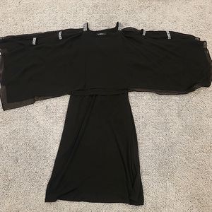 Black Dress w/ Crystal beaded straps and sheer lace sleeves.